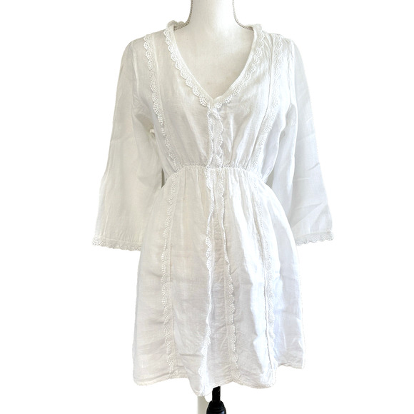 Valentina Naldi Dress Womens Sz L White Linen Boho Cottagecore Floral Crochet - Picture 2 of 9